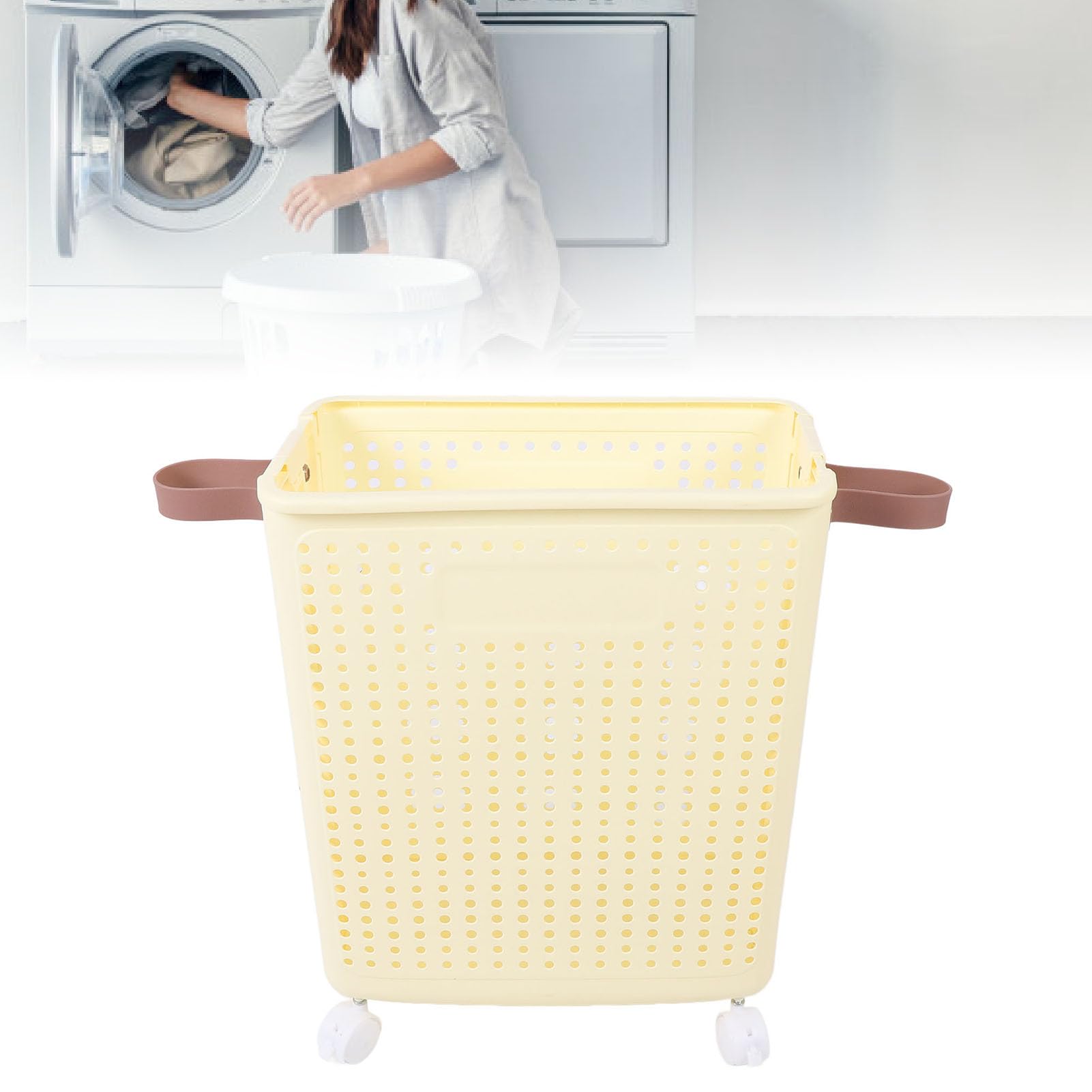 Cesto portabiancheria sottile pieghevole salvaspazio in robusta plastica PP bianco crema per angolo bagno (Con ruote)