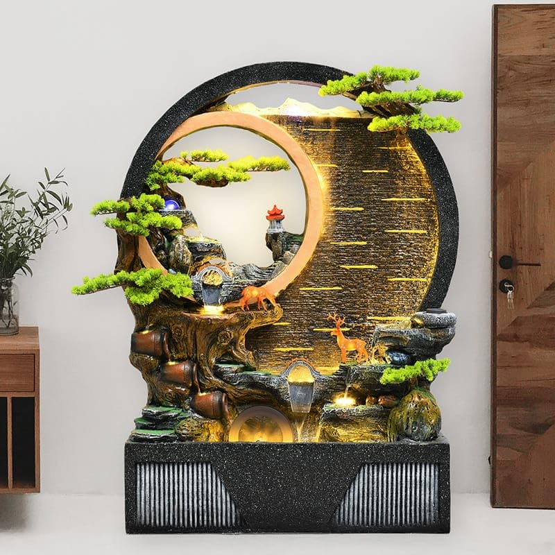 Royal Fountain Elegant Round LED Indoor Water Fountain with Artificial Bonsai Trees, Deer Sculptures, Crystal Ball & Mist Effect for Home and Office Décor-image-34