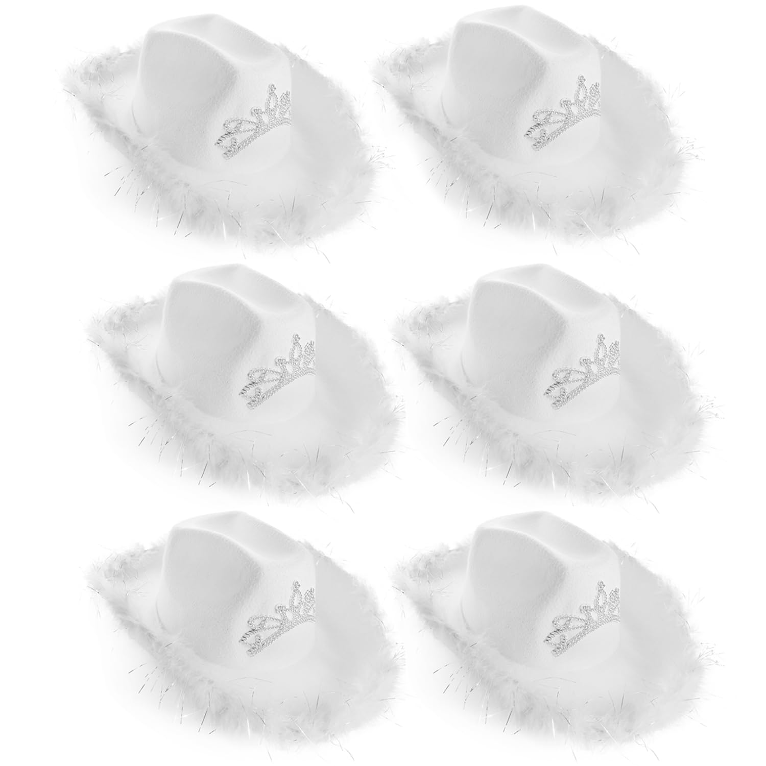 White Tiara Cowgirl Hats - Pack of 6 - White Cowgirl Hat with Tiara Decoration and Marabou Trim - Adults Festival Music Fancy Dress Accessory