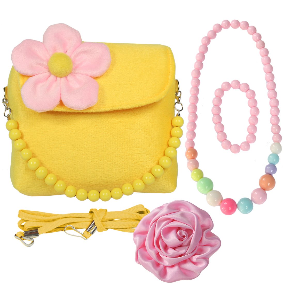 kilofly Little Girl Plush Handbag + Big Rose Hair Clip + Necklace + Bracelet Set