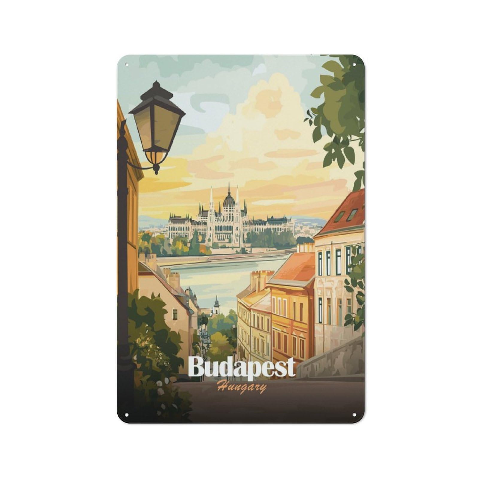 Junmoney Style-4 Budapest, Hungary Cityscape Illustration(2) Retro Metal Plaque 30X20cm For Living Room Or Hallway, Suited To Hallway Decor Fans