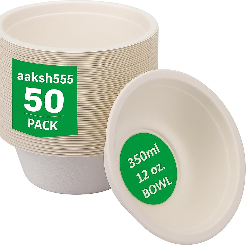 aaksh 555 Pack of 50 Large Strong Disposable Bowls for HOT & Cold Foods, SOUPS, Desserts Bowls, 340ml/12oz, Biodegradable, Ecofriendly Paper, Strong, Birthday Party