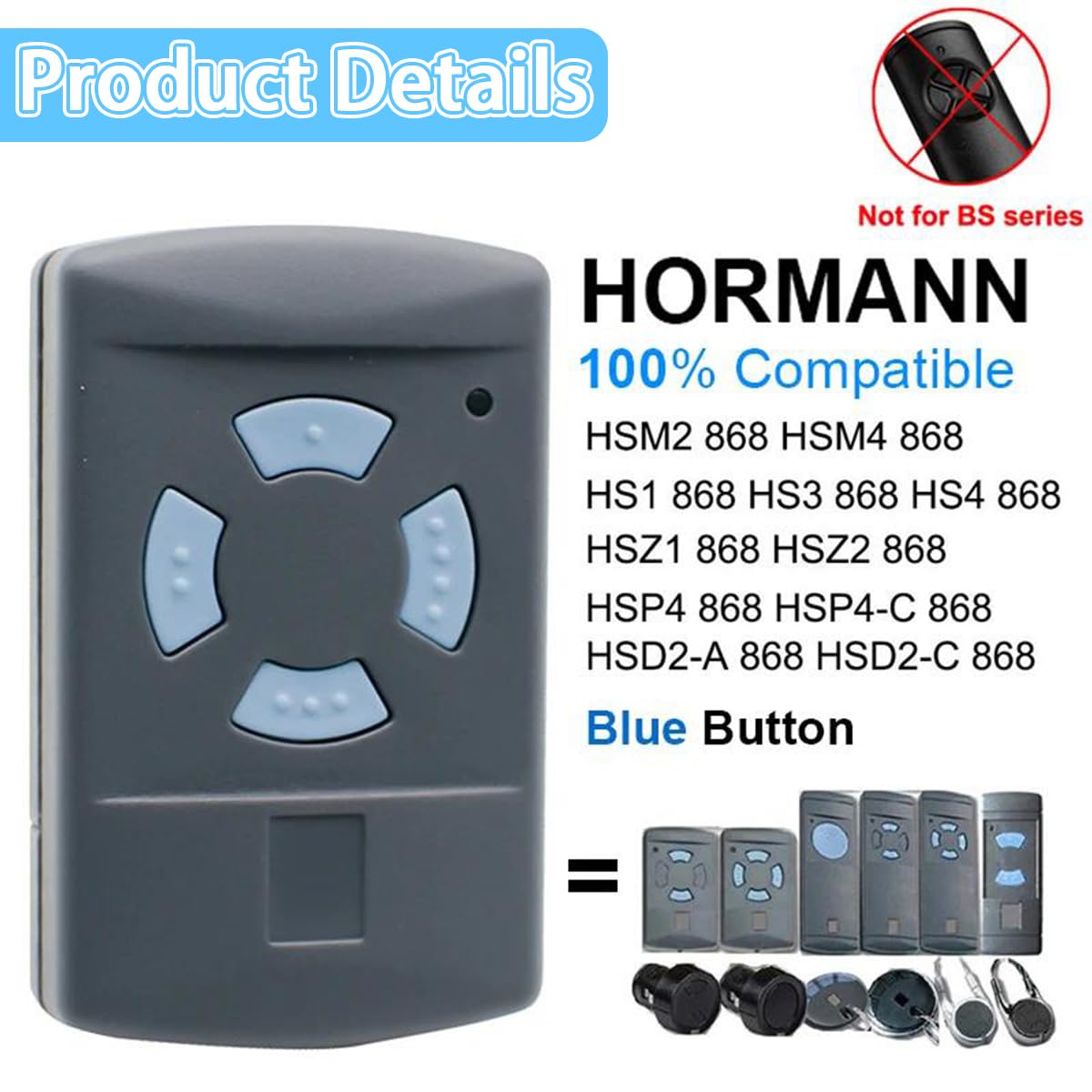 Puerta de Garaje Hörmann Mando a Distancia de 868,3MHz, 2 Piezas Mando a Distancia Transmisor Compatible con Hörmann, Mando a Distancia Hormann, Mando Puerta Garaje avec 4 Boutons Couleur Bleue