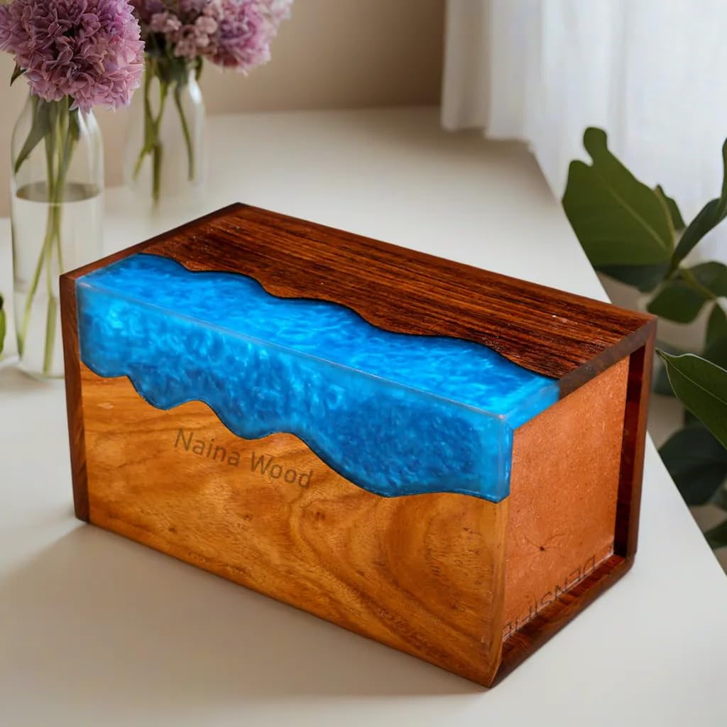 Naina Wood Handicrafts Memorial Urn Box - Handcrafted Rosewood & Sky Blue Resin Keepsake Urn For Ashes (Small 8x5.5x5.5 Inch) - View #9