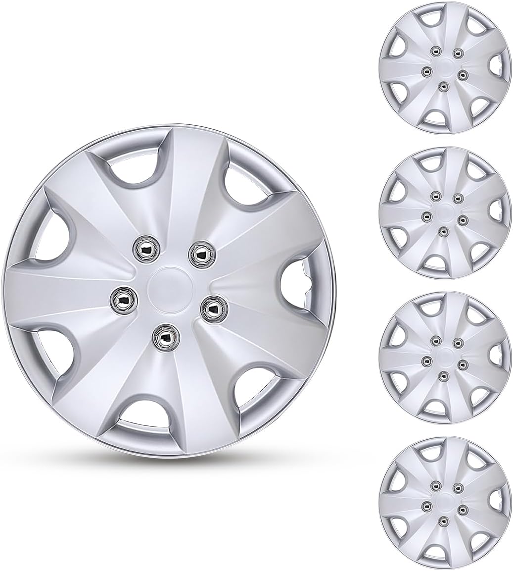 AUTOWIKI 13" Inch Hubcaps Set of 4, Automotive Wheel Tire Covers Accessories, R13 Hub Caps Compatible/Replacement Compatible for Chevy Dodge Mazda VW Volkswagen and More, Silver Wheel Covers