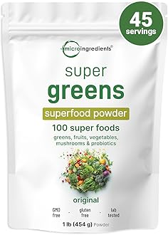 Micro Ingredients Super Greens Powder, 1lb | 100 Superfood Blend with Daily Greens, Fruits, Vegetables, Mushrooms & Probiotics | Source of Vegan Protein & Enzymes | Non-GMO, Gluten-Free, No Additives