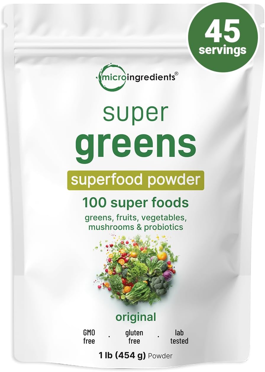 Micro Ingredients Super Greens Powder, 1lb | 100 Superfood Blend with Daily Greens, Probiotics, Fruits, Vegetables & Mushrooms | Source of Vegan Protein & Enzymes | Non-GMO, Gluten-Free, No Additives