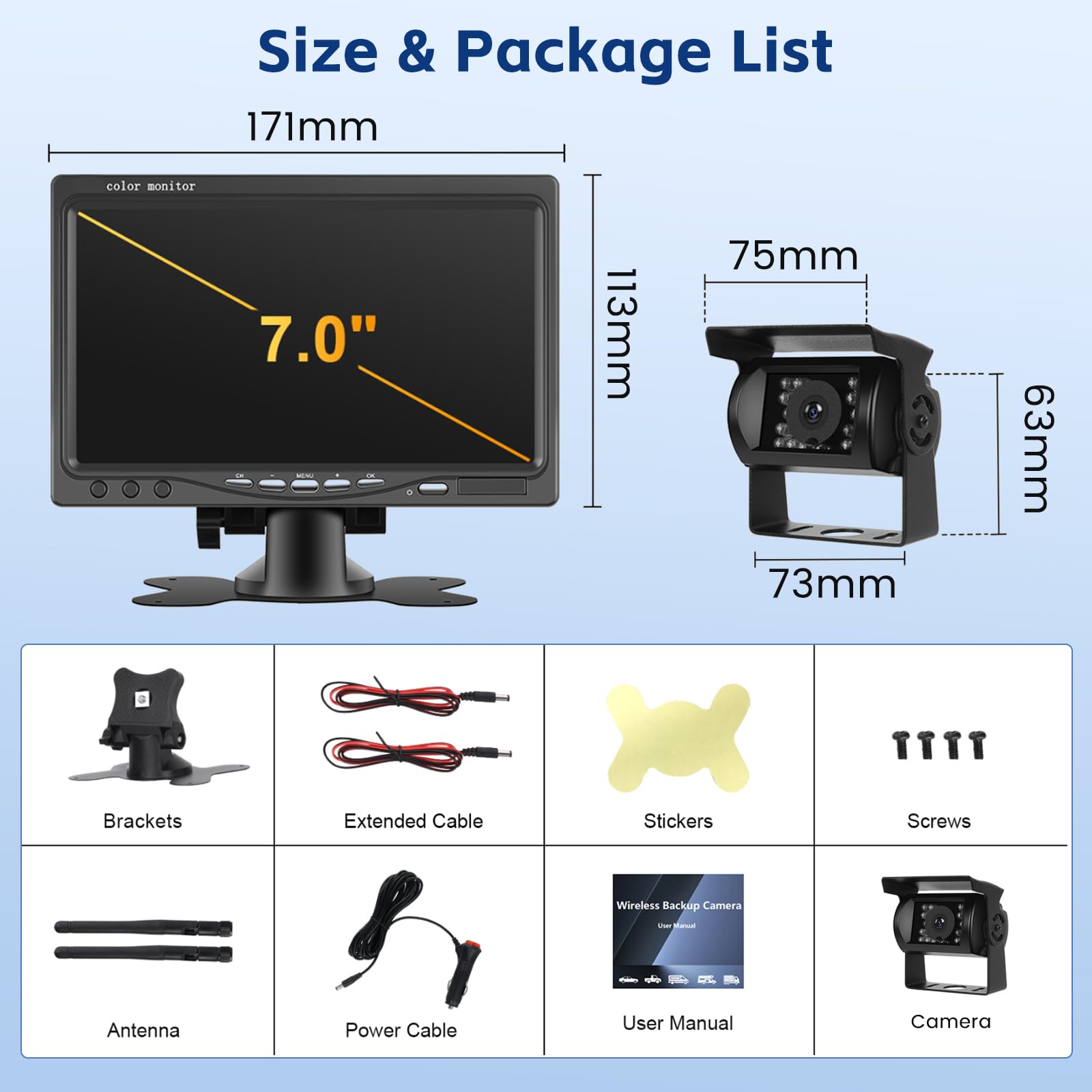 Inefala AHD Cámara de Visión Trasera Kit Inalámbrico con Monitor de 7 Pulgadas, Cámara de Marcha Atrás con Impermeable IP68, BSD, Visión Nocturna, para LKW Bus Van SUV (DC 12V-24V)