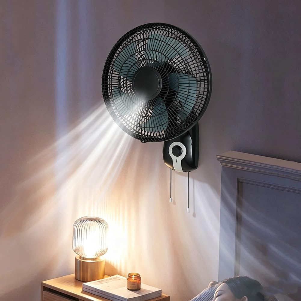 Genérico Ventilador de Pared Industrial Oscilante Interruptor por Cadena | 3 Velocidades, Oscilación de 90°, Cabezal Inclinable, 5 Aspas, Flujo de Aire Potente