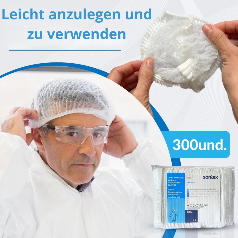 SANTEX 300 Haarnetz Küche - Hair Bonnet - SEHR KOMFORTABEL - Kopfhauben Einweg - Kochmütze - Surgical Cap PROFESSIONELL - Einwegkappen - Einmal Haarnetz - Cover Hair - Kopfnetz - Koch Haube