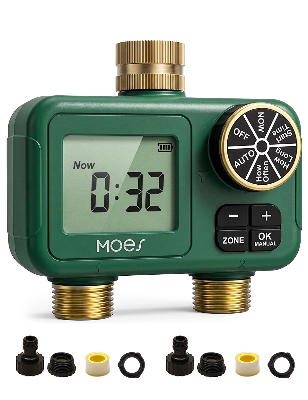 MOES Timer dell'acqua a 2 zone per tubo da giardino - Ingresso e prese in ottone da 3/4", timer indipendente a doppia uscita, controller di irrigazione programmabile con ritardo pioggia e modalità