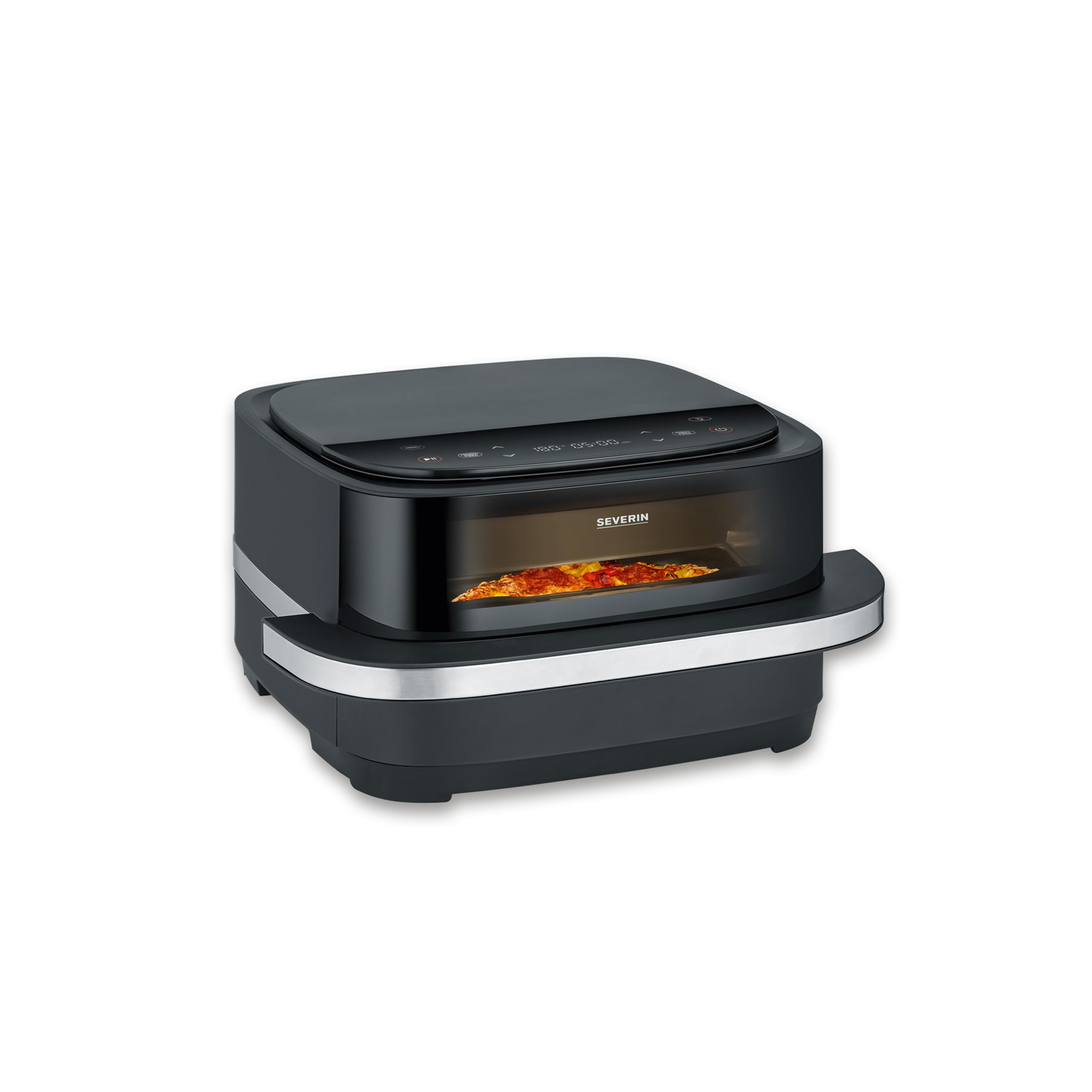 SEVERIN Freidora de aire S-Fry Pizza & More, 10 programas automáticos para pizza y más, distribución óptima del calor, forma extraancha, ventana de visualización, 4 l, 2100 W, negro, plateado, FR 2464