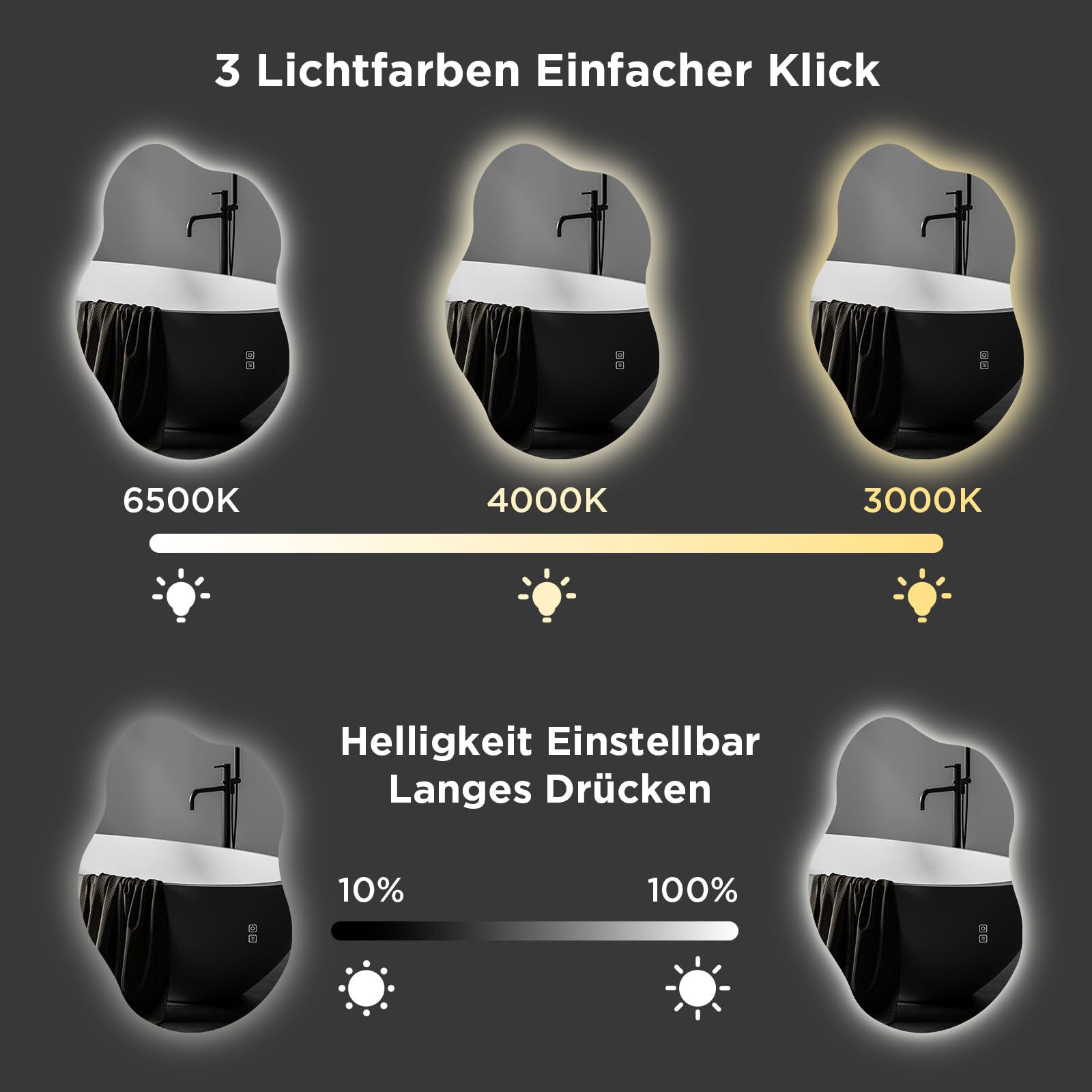 SANYCASA Intelligenter Badezimmerspiegel 80x55cm mit LED, Anti-Beschlag, bruchsicher, dimmbar, 3 Farbtemperaturen, asymmetrisch (horizontal/vertikal)