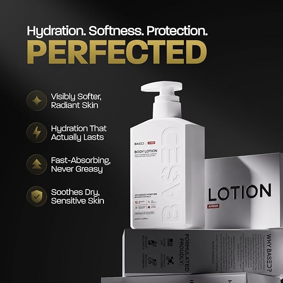 BASED Body Lotion with Ceramides - Amber Scent Men's Hydrating Moisturizer - Fast Absorbing Non Greasy Formula - Softens Dry Skin - Formulated & Filled in USA (13.5 Fl Oz, Pack of 1)