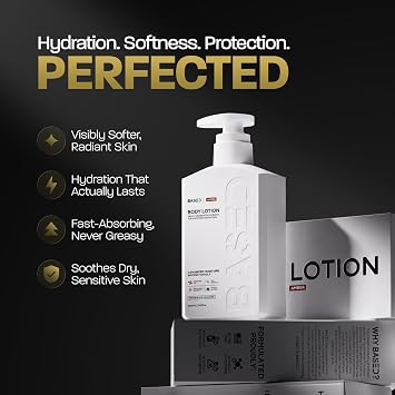 BASED Body Lotion with Ceramides - Amber Scent Men's Hydrating Moisturizer - Fast Absorbing Non Greasy Formula - Softens Dry Skin - Formulated & Filled in USA (13.5 Fl Oz, Pack of 1)