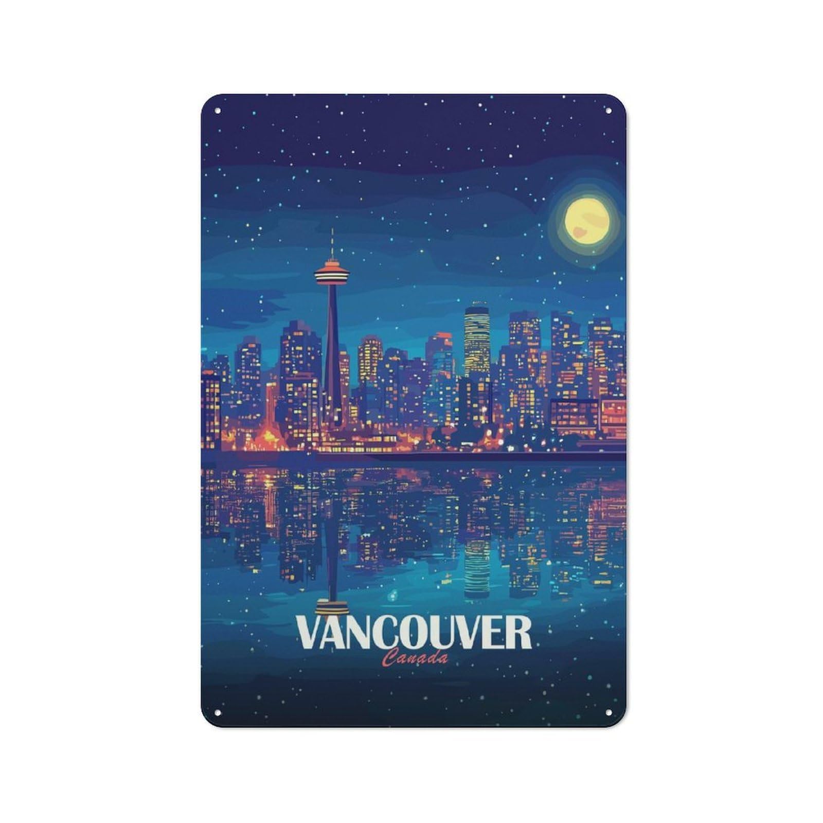 Junmoney Vancouver Canada Night Skyline Illustration Vintage Metal Plaque 30X20cm For Café Or Home Bar, For Vintage Wall Decor Fans, For Home Office And Studio Walls