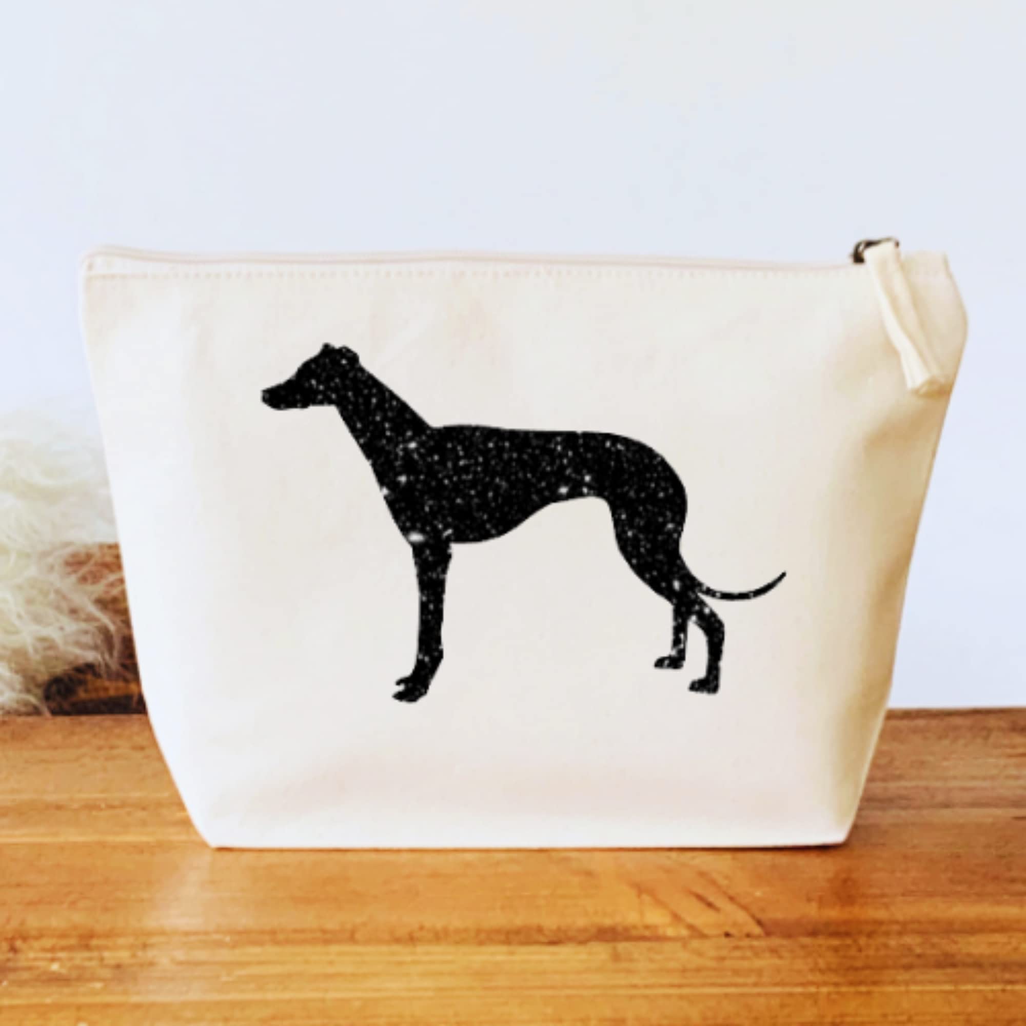 Greyhound Makeup Bag, Natural Cotton Canvas Cosmetic Pouch with Black Glitter Greyhound Design, Dog Lover Gift - Image 2