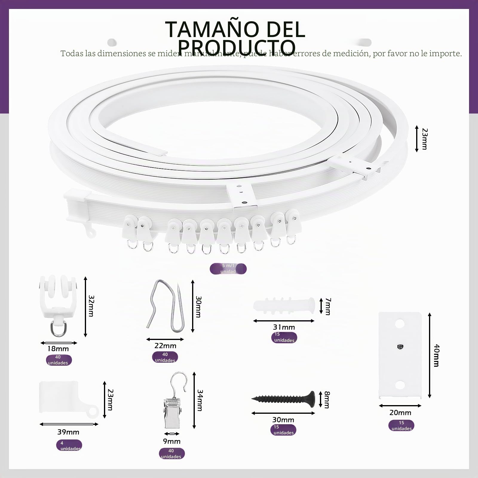 Swpeet Lot de 151 carriles de cortina curvos para montaje en techo de 5 m, montaje Soft Windows, rollos de track