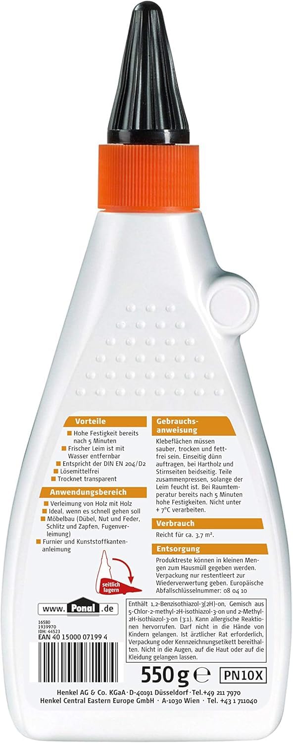 Ponal Express Holzleim, transparent und schnell trocknender Holzkleber für vielseitige Verleimungs- & Bastelarbeiten, wasserfester Leim in praktischer Flasche, 10x550g