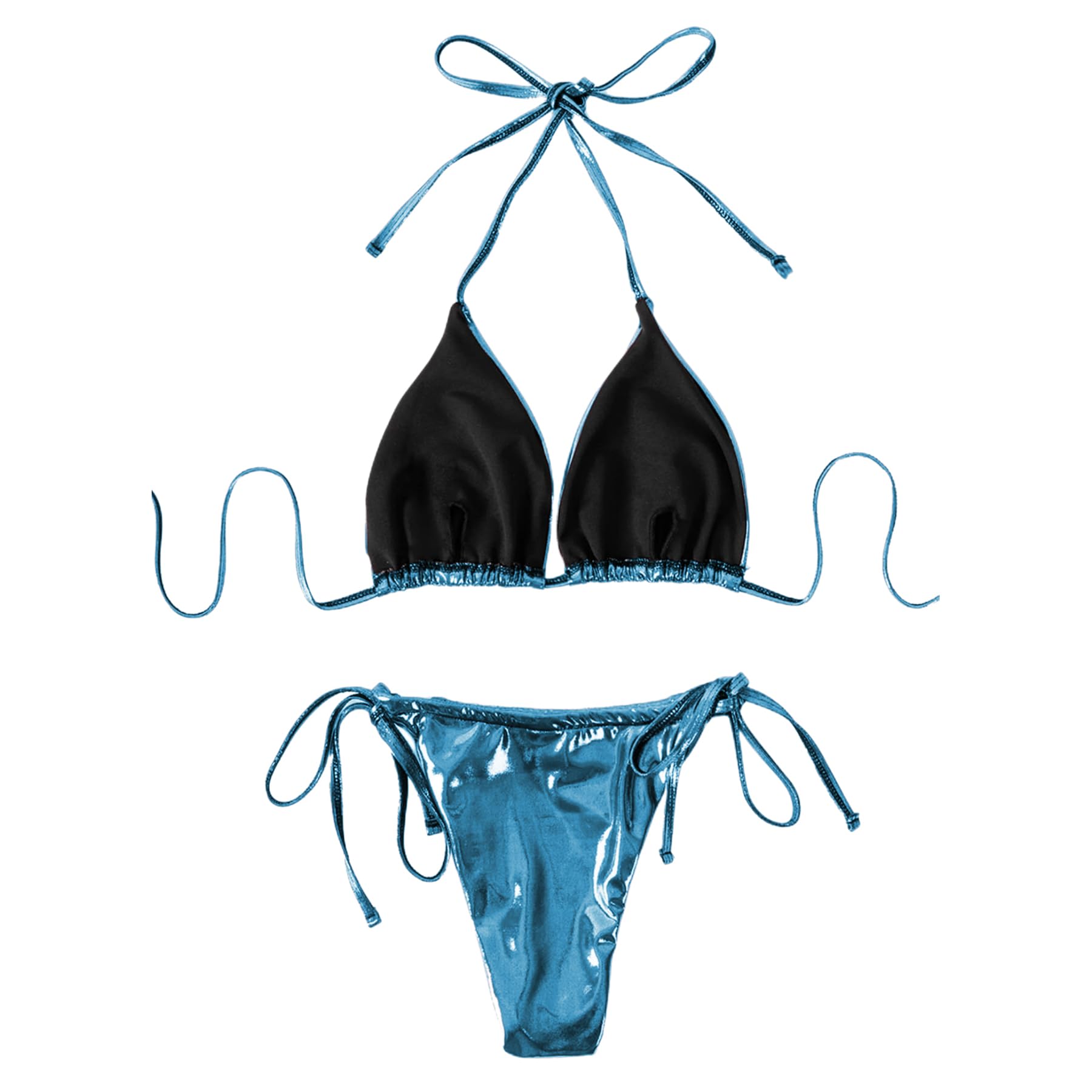 ZGMYC Women's 3 Piece Shiny Metallic Swimsuit Sexy Triangle Bikini Tie Side Thong Festival Outfit with Drawstring Mini Skirt