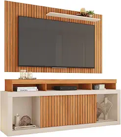 Rack Bancada com Painel Ripado para TV até 65 Polegadas 1,80m Panamá Buriti/Off White Caemmun