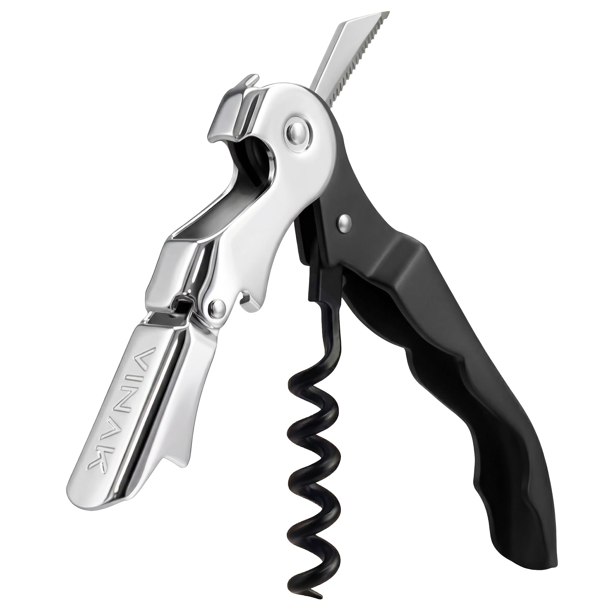 VINAK - Sacacorchos CAMARERO profesional en acero inoxidable con abrebotellas + doble apoyo articulado + navaja cortacápsulas y espiral teflonada (Negro)