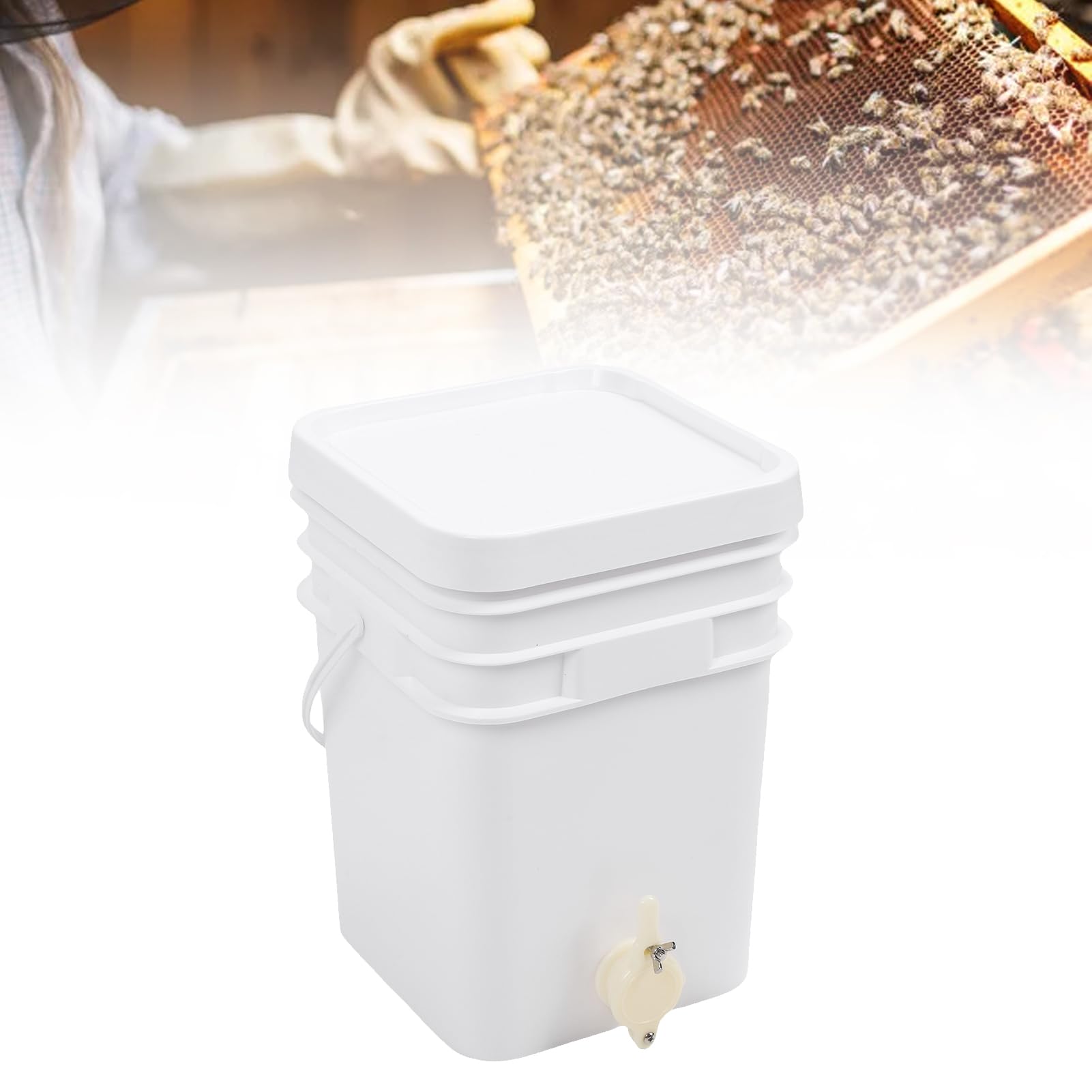Pssopp 20-litrowe Wiadro na Miód Kwadratowy Pojemnik na Miód HDPE z pokrywką i bramką 39x27x27cm do Pszczelarstwa Przydomowego i Pasieki Zbieranie Miodu i Karmienie pszczół