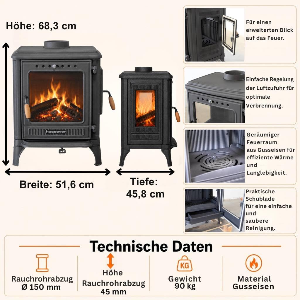 Kaminofen Holzofen Wohnzimmer Holzkamin 8005CK Panorama 3 Seiten Glas 7 kW Holz Ofen Kamin Heizofen Schwedenofen Mehrfachbelegung