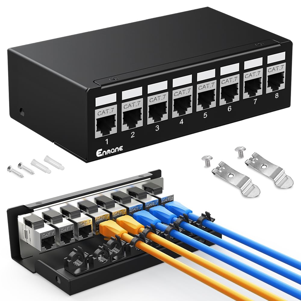 Panneau de brassage 8 ports CAT7 Keystone Panneau de brassage réseau blindé avec gestion intelligente des câbles pour réseau maison/bureau (1U 8 ports, CAT7)