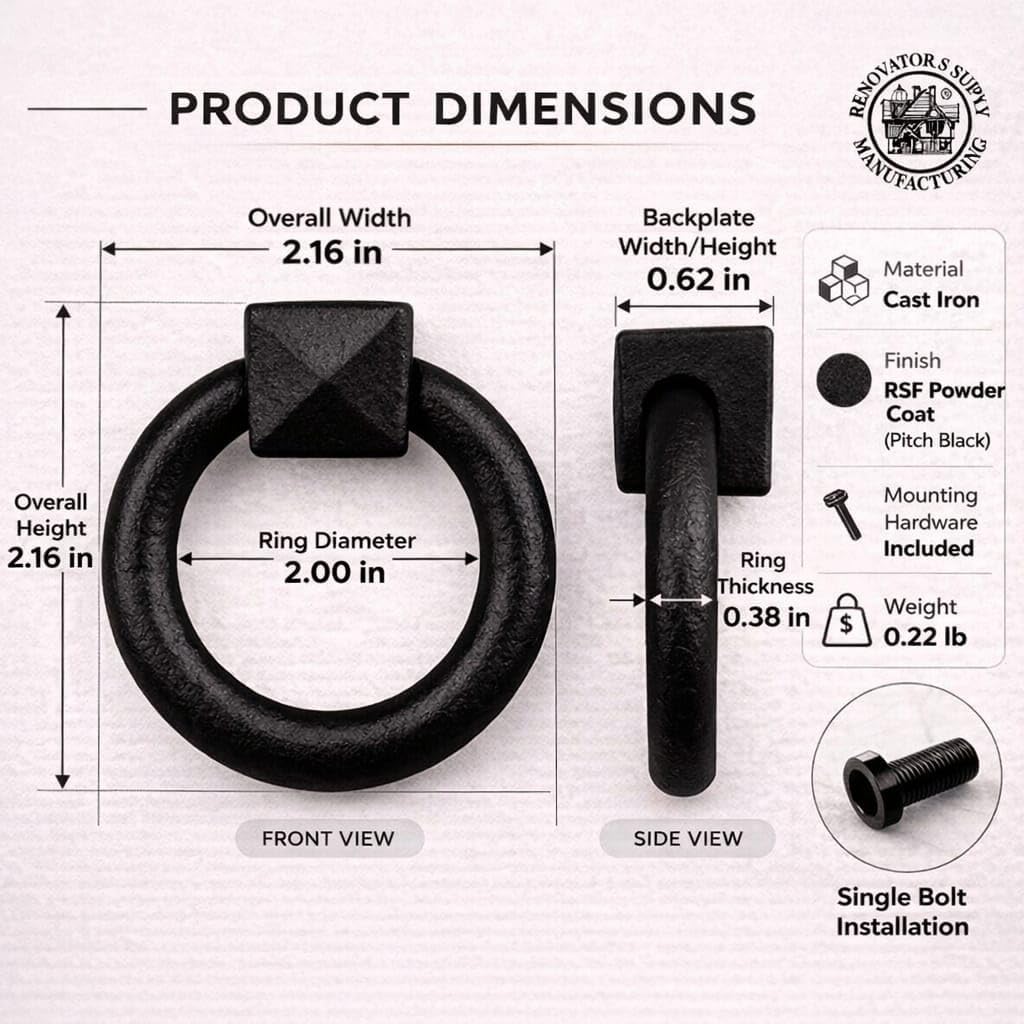 Renovators Supply Manufacturing Black Cast Iron Cabinet Drawer Ring Pull Mission Antique Drop Style 1-7/8 in. RSF Rust-Resistant Powder Coat Finish Pack of 2 image 3