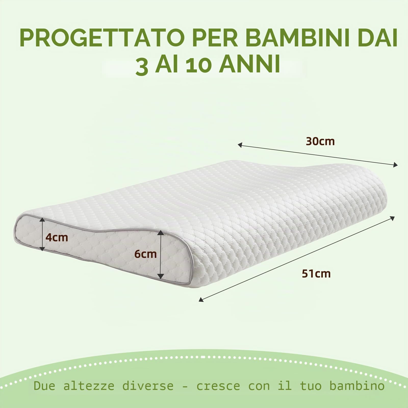 Cuscino per bambini da 3 a 10 anni, ergonomico, in memory foam, con rivestimento in cotone Öeko-Tex, 30 x 51 x 4/6 cm, 2 diverse altezze