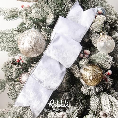 Image of Ribbli White Velvet Wired Ribbon 4 Inch Metallic White Silver Crushed Velvet Christmas Ribbon for Gift Wrapping Christmas Tree Decoration Crafts Wreaths Supplies-Continuous 10 Yards