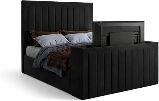 Black Double TV Bed Frame with Storage TV Bed   Ottoman Double Bed with Remote-Controlled TV Lift   Plush Velvet Fabric, 54" Headboard   Bed with Gas Lift Storage & 38" Footboard