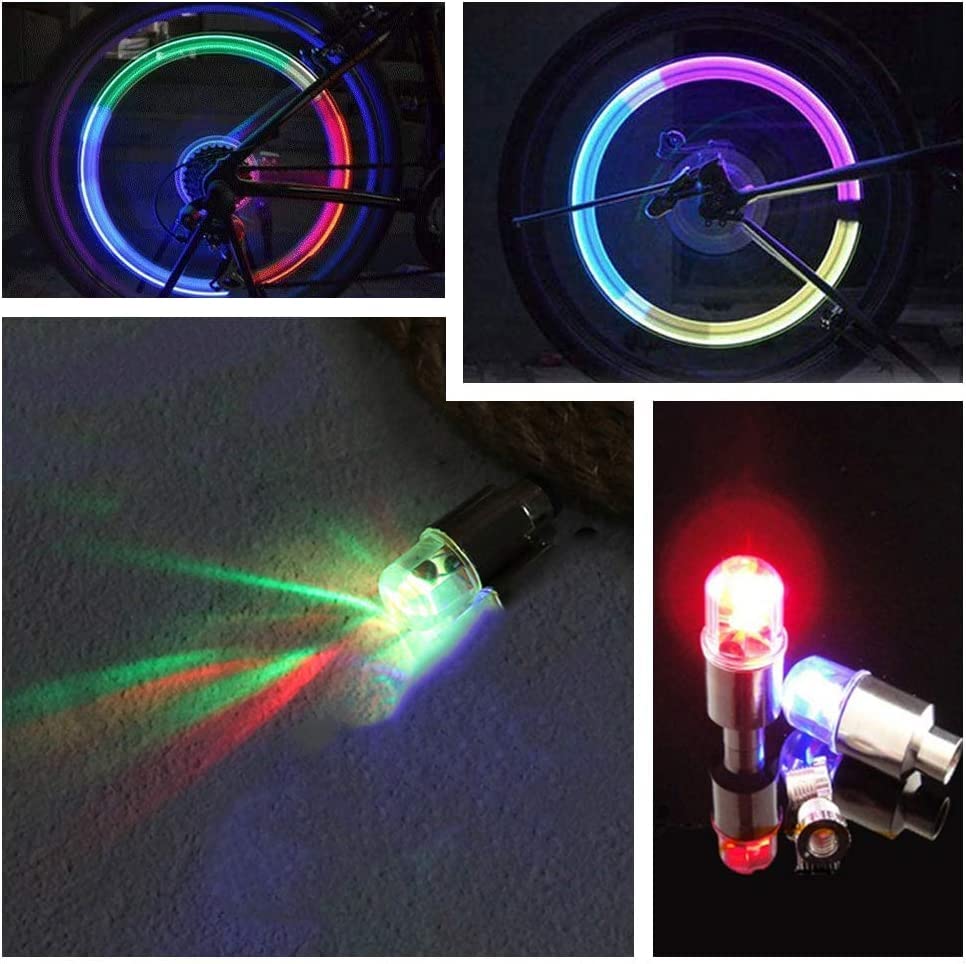 FICBOX 4 Pack LED Tire Valve Lights,Car Tires Bike Truck Golf Cart Wheel Assemblies Light up Air Neon Bicycle Motorcycle Tyre Valve Lights with 12 Extra Batteries (Colorful) - Image 3