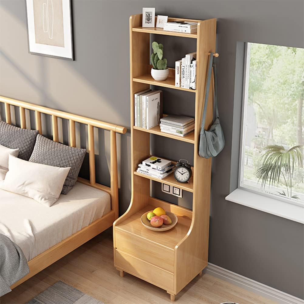 IOTXY Oak Bedside Table Bookshelf - 71" Tall Free Standing Wooden Open Shelf Bookcase with Drawers and 4-Shelves for Bedroom, Bed Side End Table, Nightstand