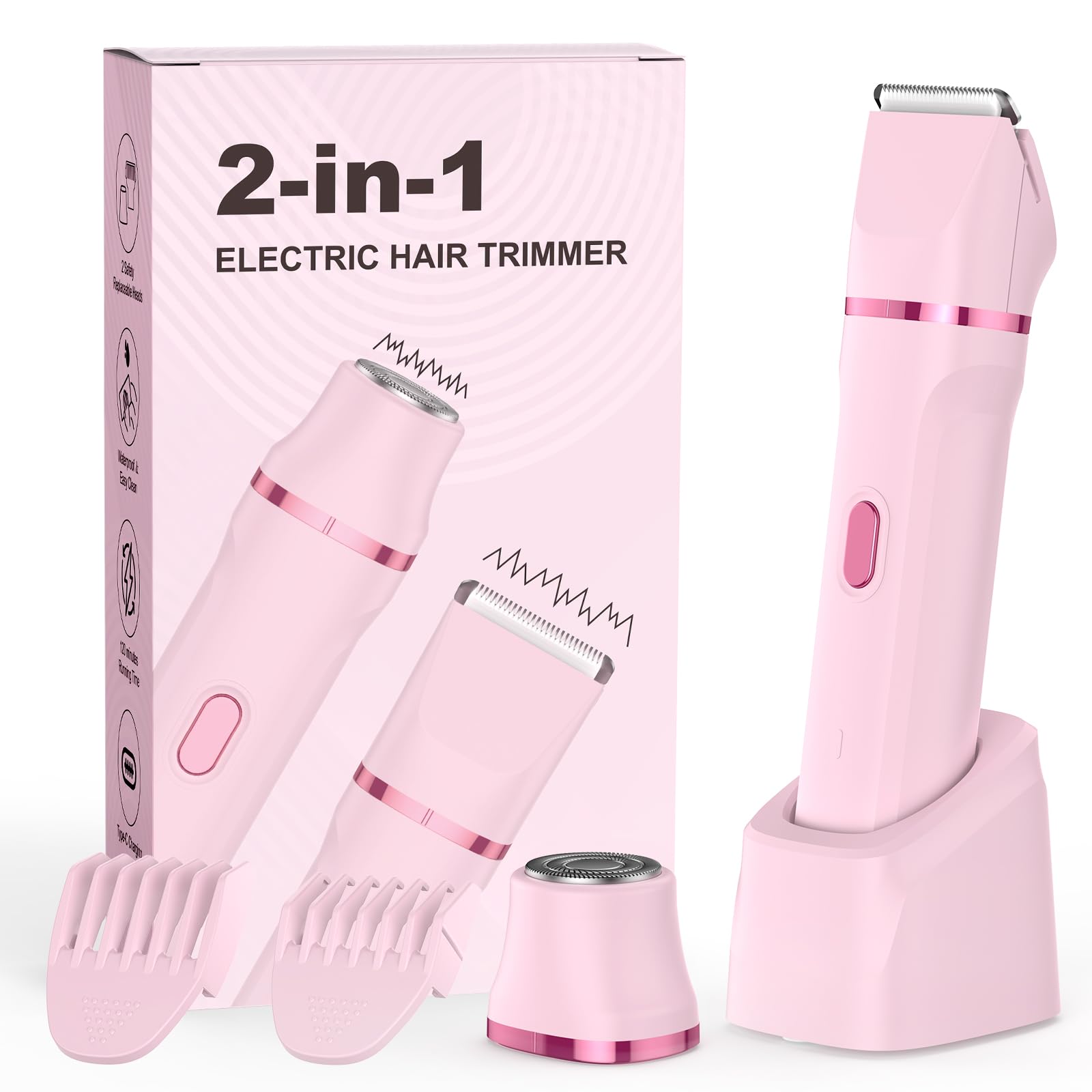 Rasoir Electrique Femme, 2 en 1 Tondeuse précise pour visage, Wet&Dry Tondeuse Bikini Femme pour Visage, Bras, Jambes, Aisselles, IPX7, nettoyage facile (Rose)