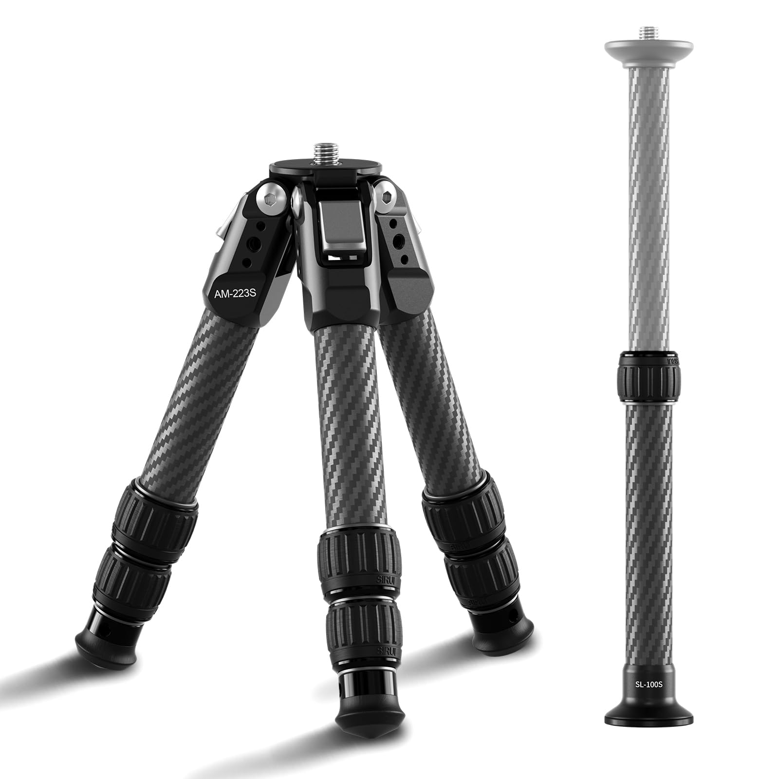 SIRUI 26,6" Mini Trípode para Cámara, Trípode de Carbono Portátil con Tubo de Extensión, Trípodes de Mesa Solo 0.7 kg y Soporte 15 kg para Escritorio y Viaje - AM-223S+SL-100S