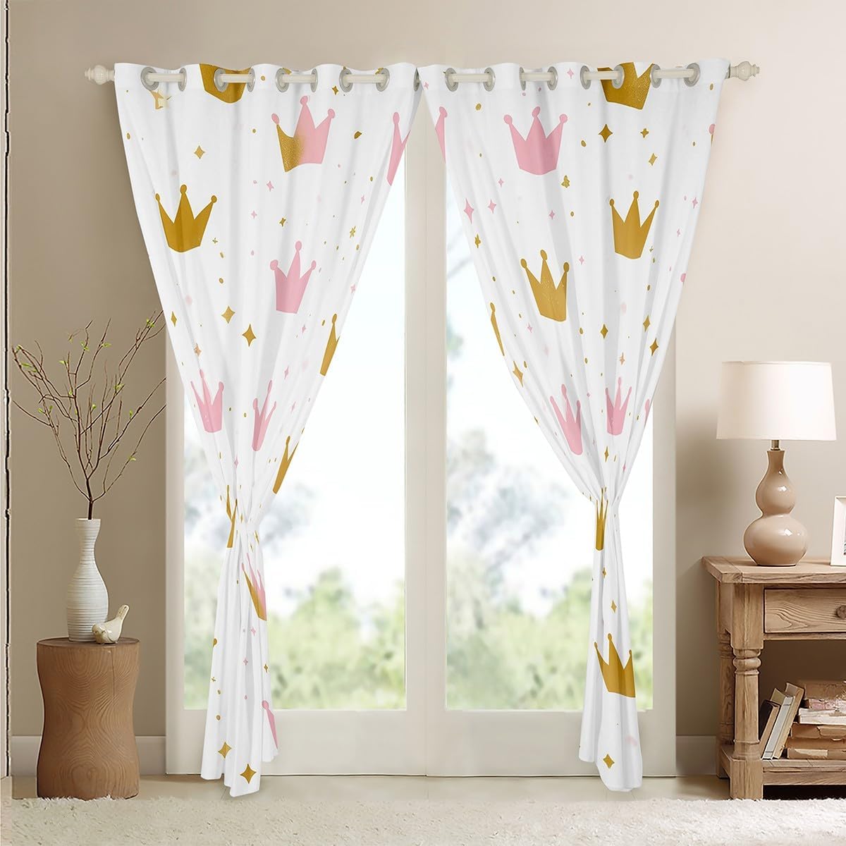 Erosebridal Crown 42" Wx63 L 2 Panels Window Curtain Golden and Pink Crown Print Curtain,Princess Style Royal Window Treatments Cartoon Glitter Decor Curtains & Drapes for Girls Boys Bedroom,White
