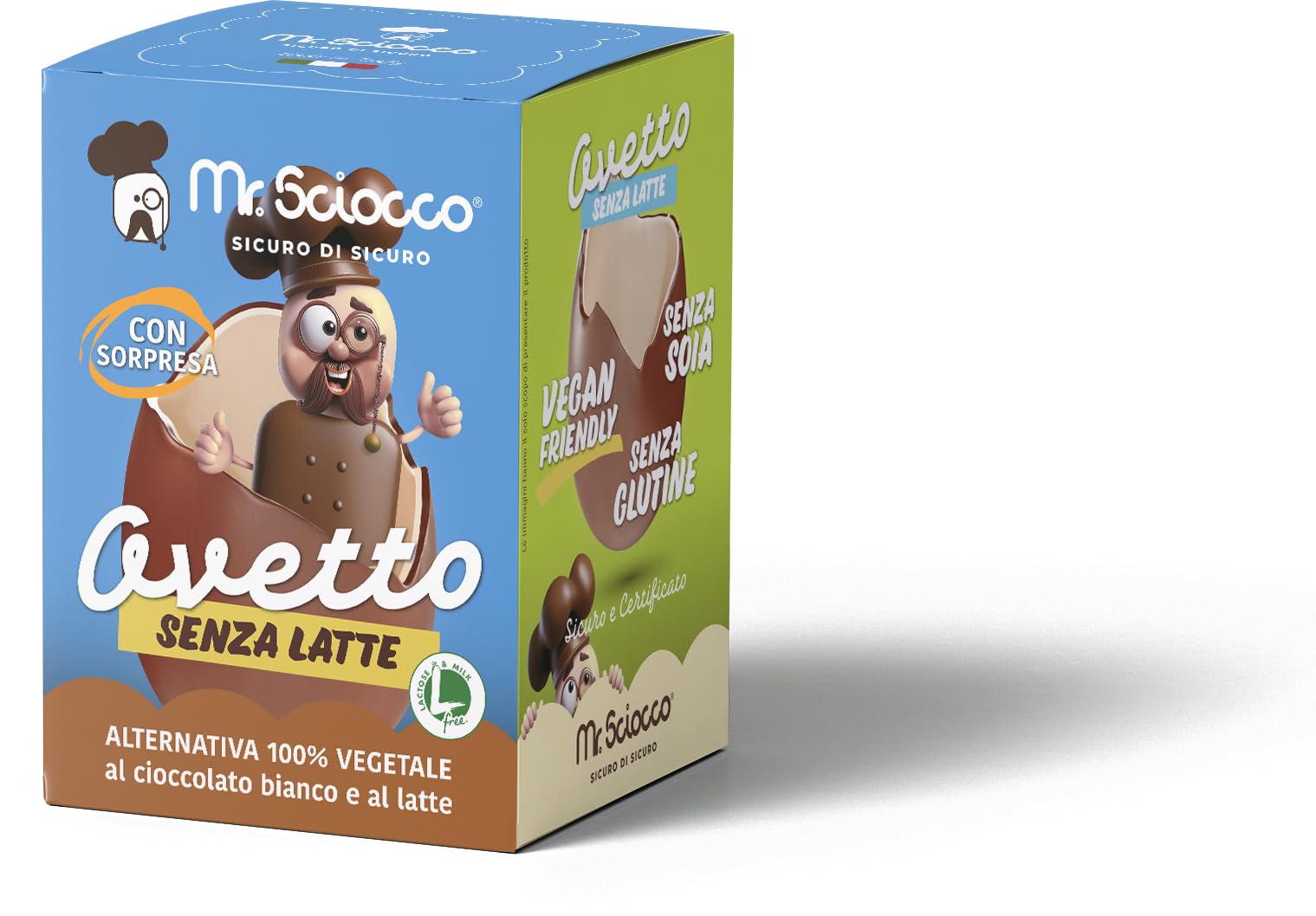confezione regalo prodotti Mr.Sciocco TUTTI ALTERNATIVA 100% vegetale al cioccolato: mini tavolette gusti assortiti, ovetto, crema spalmabile, tavoletta Senza Glutine, Senza Latte e Lattosio