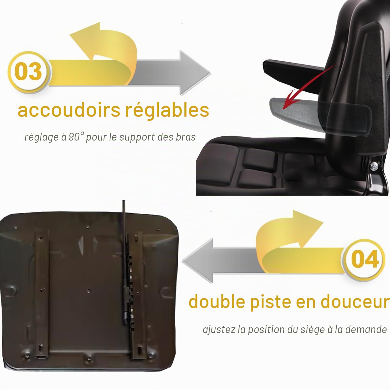 Siège de chariot élévateur universel, Résistante Tracteur Siège avec dossier réglable, imperméable chariot Siège avec accoudoir et rails coulissant, pour pelleteuse tondeuse Chargeur