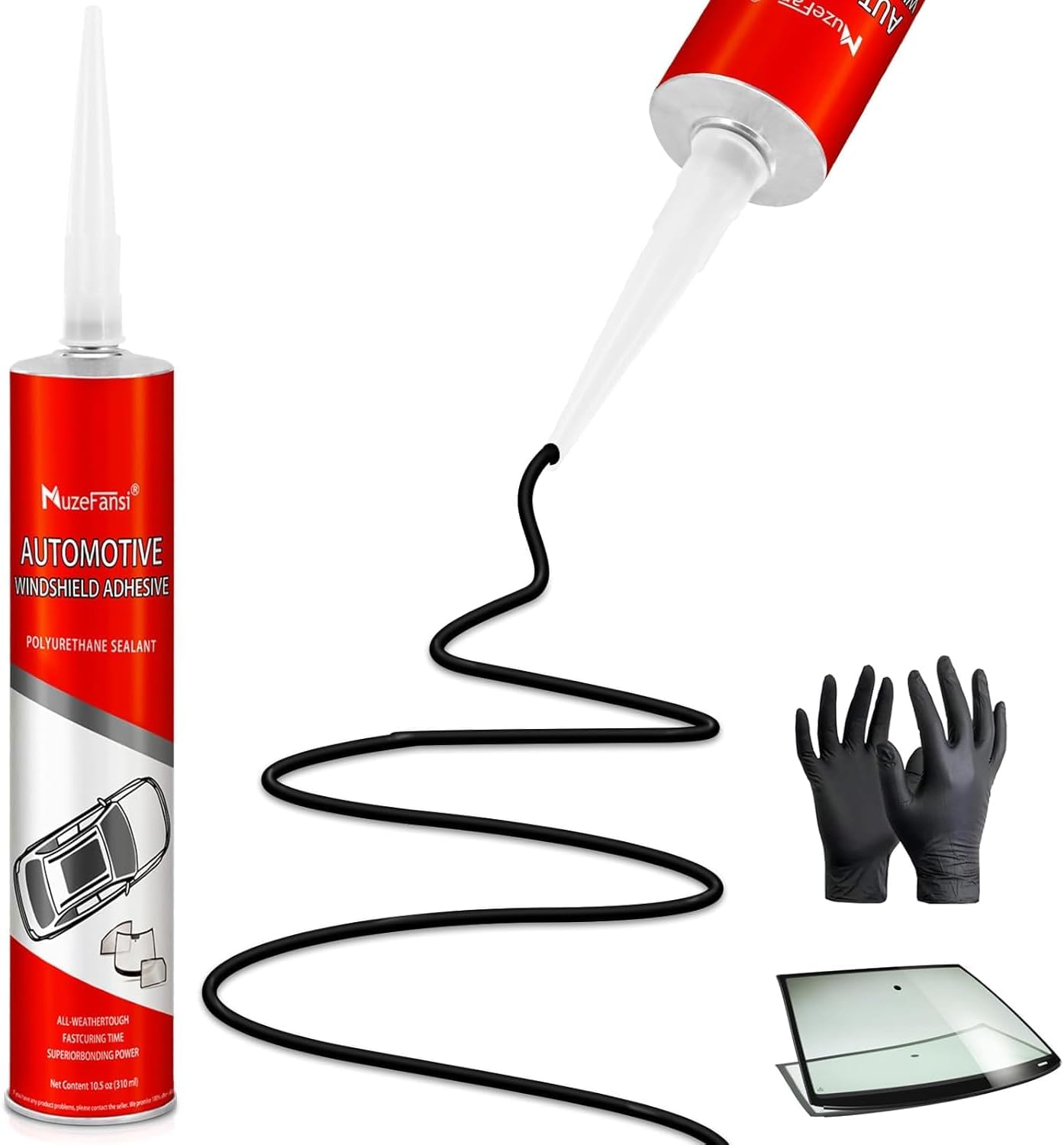 Polyurethane Windshield Adhesive–Weatherproof, Fast Curing Auto Glass Sealant for Car, RV, Truck Windows, Easy to Use Windshield Glue, Black(4 Pack, 10.1 fl oz)