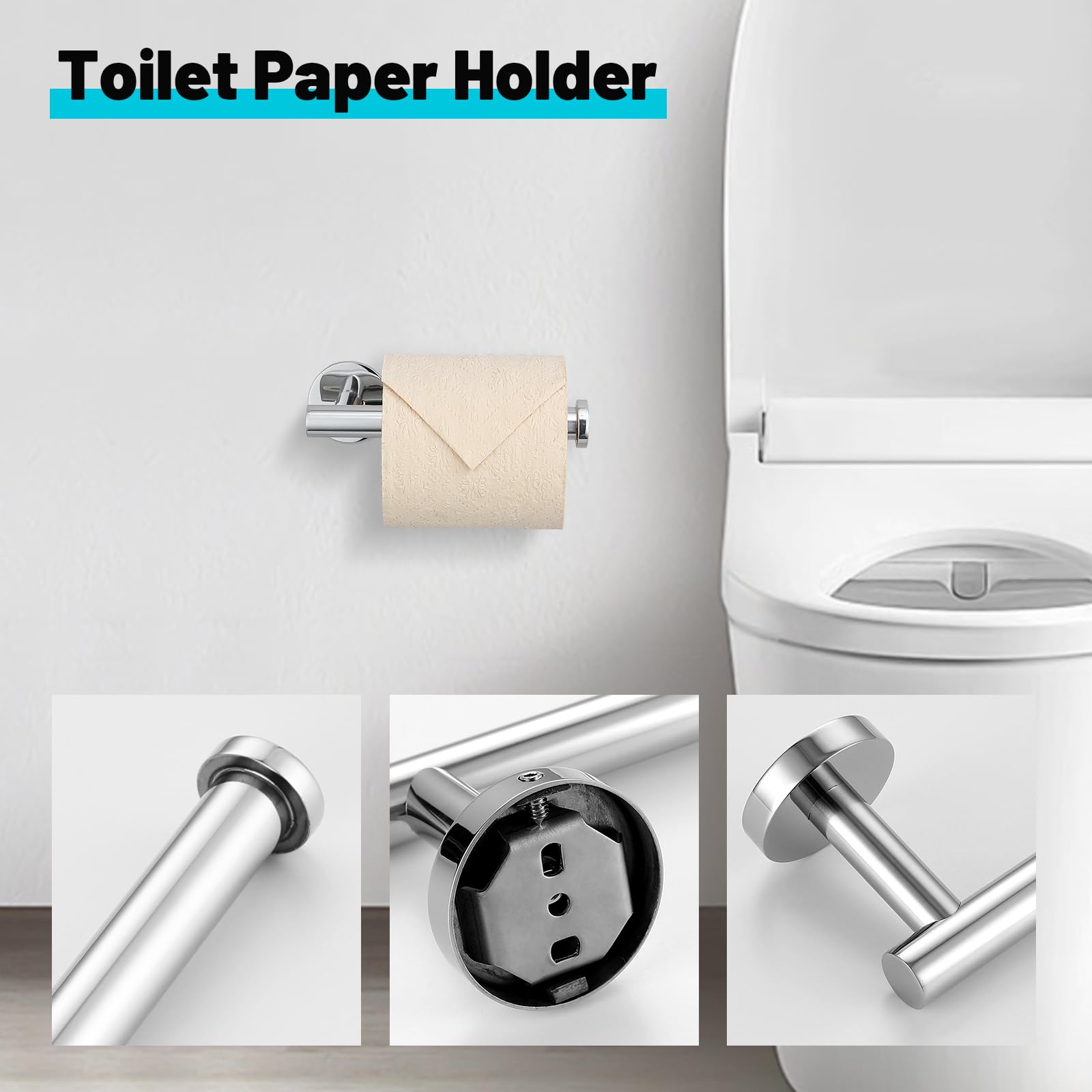 Set di accessori da bagno cromati, 6 pezzi porta asciugamani include barra portasciugamani da 19,68/59,9 cm, porta carta igienica, anello per asciugamani e gancio per asciugamani da parete set di