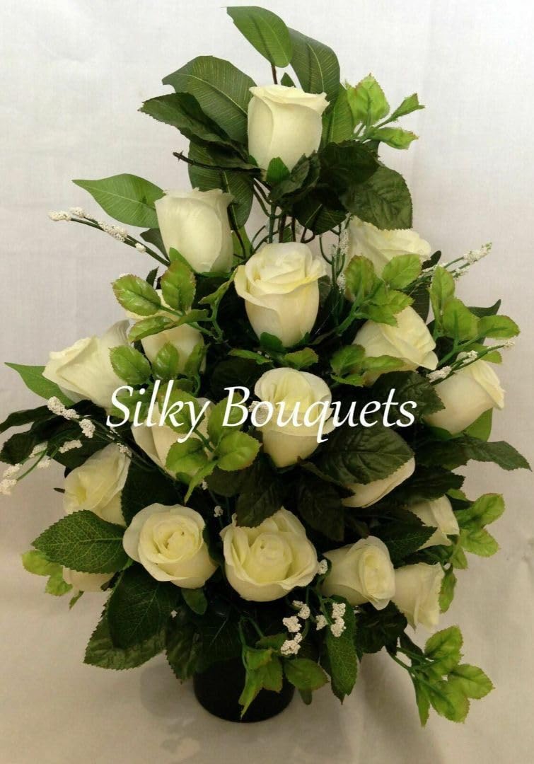 Silky Bouquets Flat-Back Grave Pot – Handmade Artificial All-Rose Silk Flower Arrangement, Custom Colour Memorial Tribute, Lasting Cemetery Floral Decoration