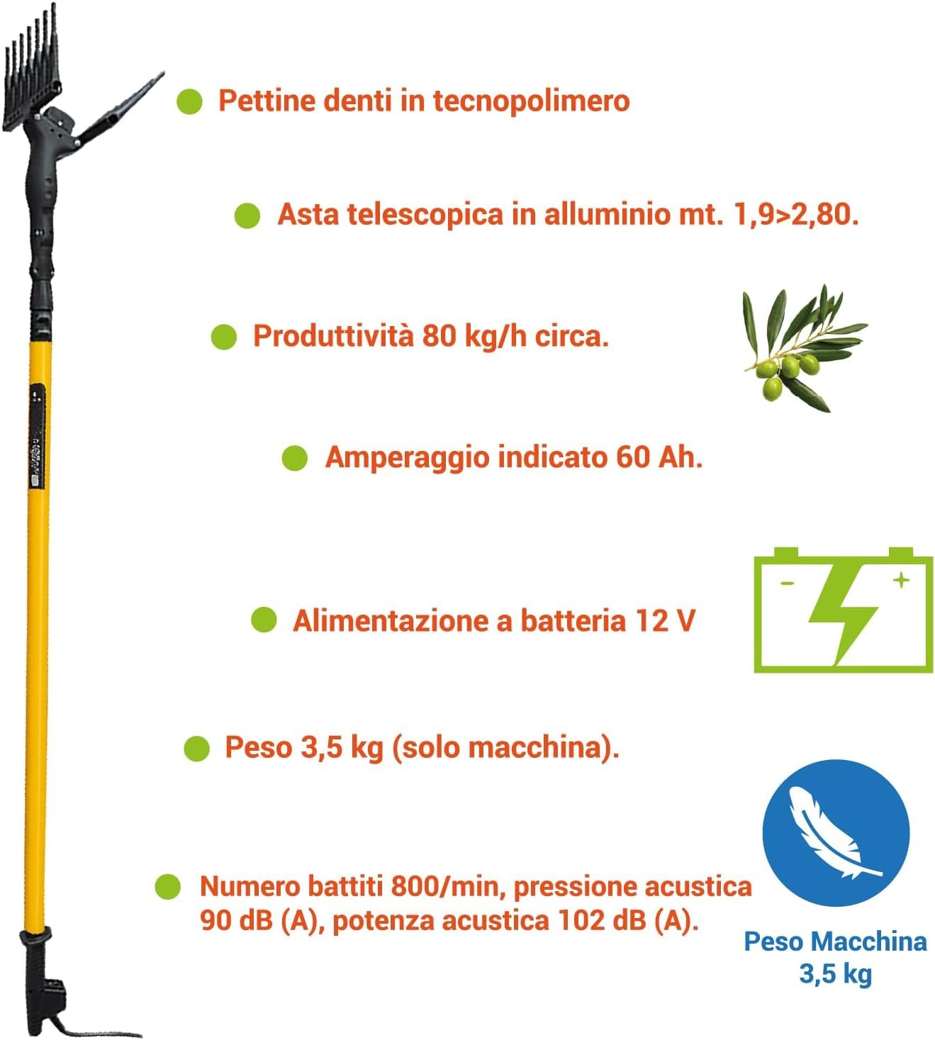 Abbacchiatore Elettrico per Olive 400W a Batteria 12V – Scuotitore Professionale con Asta Telescopica 3m, Rastrello Antibloccaggio in ABS, Cavo 12m – Leggero e Robusto per Raccolta Olive
