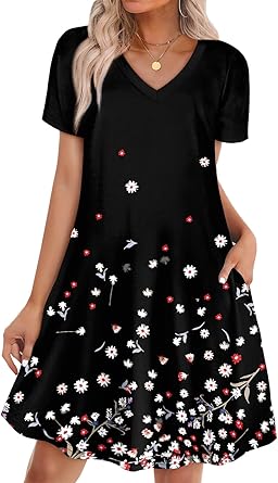 WIHOLL Boho Summer Dresses for Women Casual Loose T Shirt Dress with Pockets Beach Vacation Outfits S-4XL