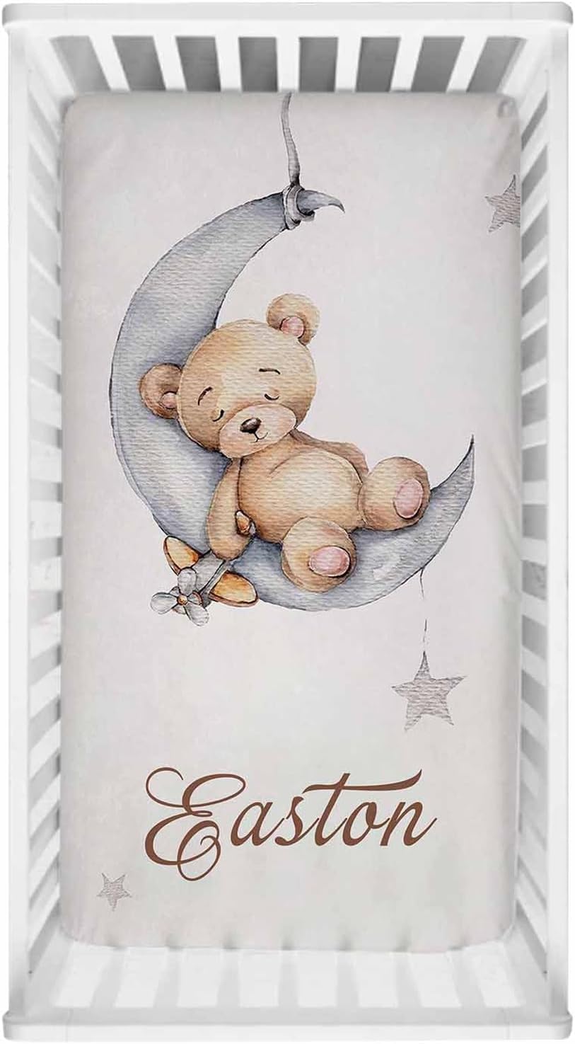 3Pcs Sleeping Bear Sleep on Moon Baby Crib Sheet Set, Personalized Fitted Crib Bedding Sheet, Crib Mattress Sheets for Baby Boys Girls, Mini Crib Sheet | Name Crib Sheets Set, Onesize