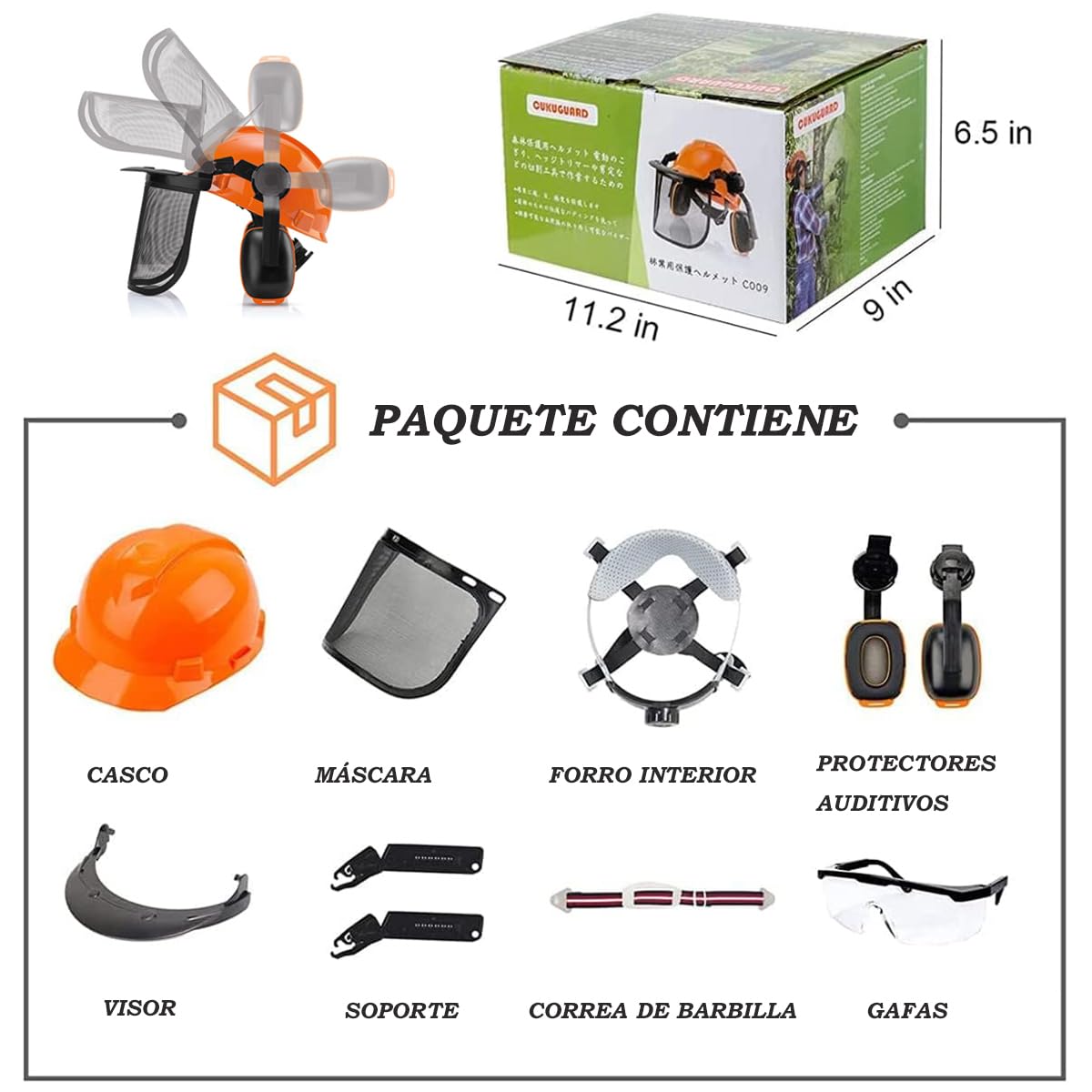Casco de motosierra con protector facial de seguridad y orejeras, casco para uso en motosierra, casco de seguridad extraíble antivaho