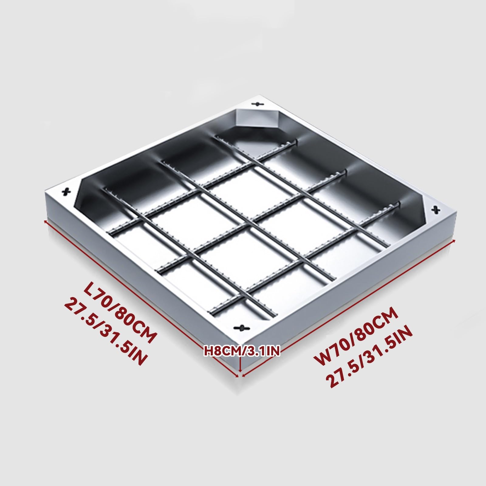 Couvercle de Fosse septique en Acier Inoxydable avec Base, Robuste, Double Couche, Barres d'acier, 80 x 80 cm (31,5" x 31,5")