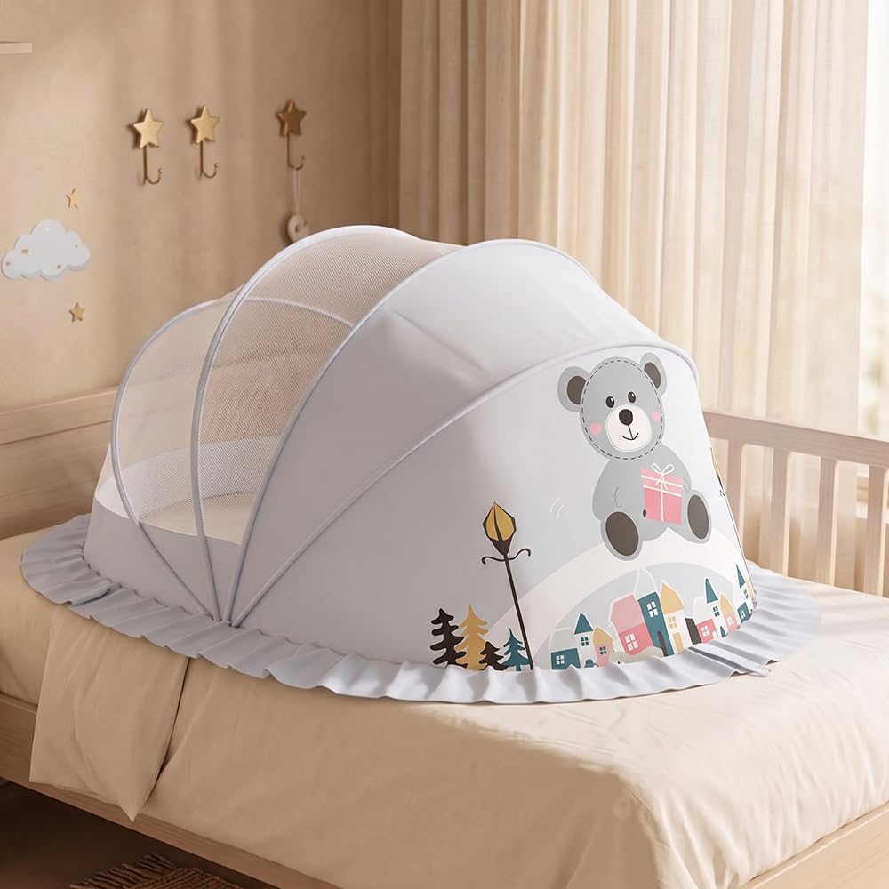 StarAndDaisy Baby Mosquito Net for Bed, Bottomless Foldable Pop-Up Canopy with Fine Breathable Mesh & Fabric Cover, Baby Bed Net for Crib, Mattress & Floor, 132 x 65 x 65 cm