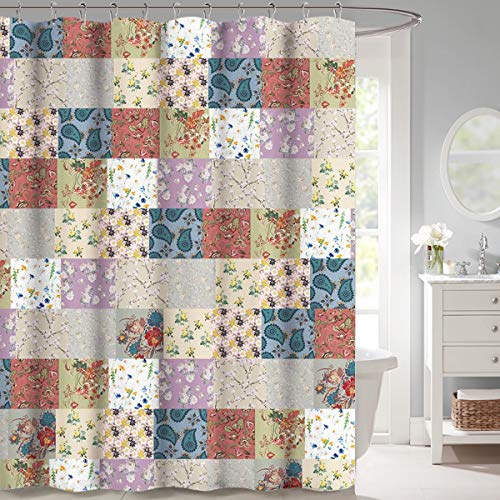 NICETOWN Rideau de Douche, Motif Patchwork avec Différentes Fleurs Colorées, Imperméable 100% Polyester Tissu Anti Moisissure, Facile à Nettoyer, 180 x 180 cm Cover